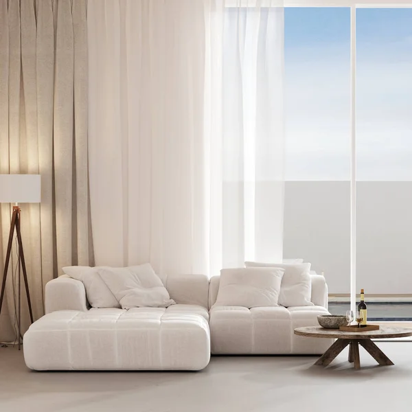 Interior Kontemporer Dengan Sofa Putih Tirai Jendela Besar Dan Dekorasi — Stok Foto