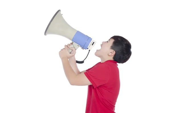 Estudante gritando através de megafone com fundo branco — Fotografia de Stock