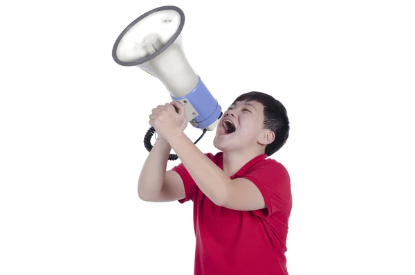Estudante gritando através de megafone com fundo branco — Fotografia de Stock