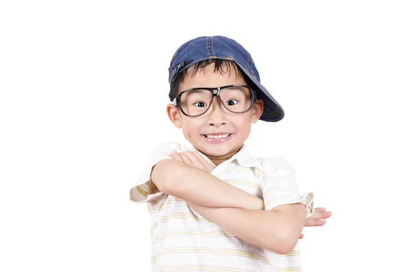 Cute little boy arm folded on white background — Stock Photo, Image