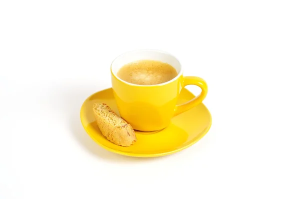 Gele espresso-kopje met crostini — Stockfoto