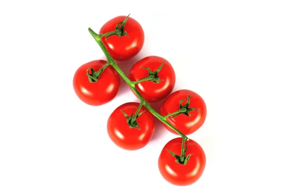 Sechs frische Tomaten auf weißem Hintergrund von oben 2 Stockfoto