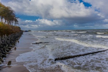 Ustronie Morskie kıyısı boyunca Polonya Baltık Denizi 'nde güzel bir sonbahar yürüyüşü - Polonya