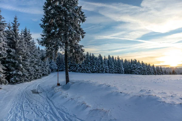 Primeiro Passeio Inverno Longo Rennsteig Pôr Sol Mais Bonito Alemanha — Fotografia de Stock