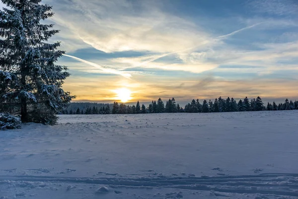 Pierwszy Spacer Zimowy Wzdłuż Rennsteig Najpiękniejszym Zachodzie Słońca Niemcy — Zdjęcie stockowe