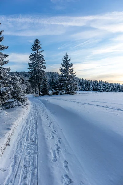 Primeiro Passeio Inverno Longo Rennsteig Pôr Sol Mais Bonito Alemanha — Fotografia de Stock