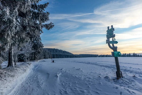 Első Téli Séta Rennsteigen Legszebb Naplementében Németország — Stock Fotó