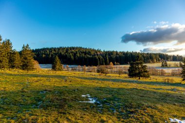 Almanya 'da Steinbach-Hallenberg yakınlarındaki Rennsteig boyunca gün batımı yürüyüşü