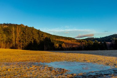 Almanya 'da Steinbach-Hallenberg yakınlarındaki Rennsteig boyunca gün batımı yürüyüşü