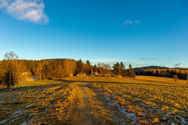 Almanya 'da Steinbach-Hallenberg yakınlarındaki Rennsteig boyunca gün batımı yürüyüşü