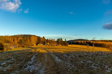 Almanya 'da Steinbach-Hallenberg yakınlarındaki Rennsteig boyunca gün batımı yürüyüşü
