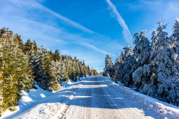 Road Beautiful Winter Landscape Beautiful Harz Mountains Brocken Saxony Anhalt — Stock Photo, Image