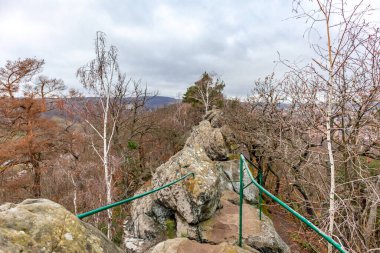 Teufelsmauer boyunca soğuk bir kış gününde güzel Harz Dağları 'nı keşfetmek Saksonya-Anhalt