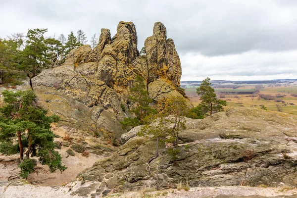 Explorando Belas Montanhas Harz Dia Frio Inverno Longo Teufelsmauer Saxônia — Fotografia de Stock