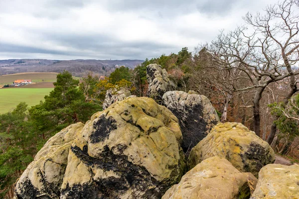 Explorando Belas Montanhas Harz Dia Frio Inverno Longo Teufelsmauer Saxônia — Fotografia de Stock