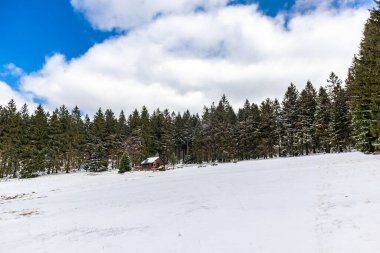 Steinbach-Hallenberg yakınlarındaki Thuringian Ormanı 'ndaki dağ kurtarma kulübesine yürüyün.