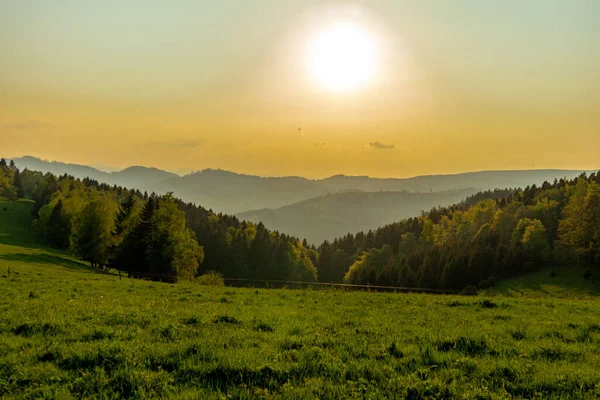 Rennsteig 'in etrafındaki Thuringian Ormanı' nın tepelerinde fantastik bir günbatımı ve aynı zamanda güzel doğanın tadını çıkarmak..