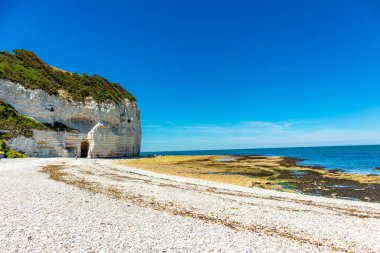 Yport-Normandiya-Fransa yakınlarındaki güzel kaymaktaşı sahilinde sahil yürüyüşü