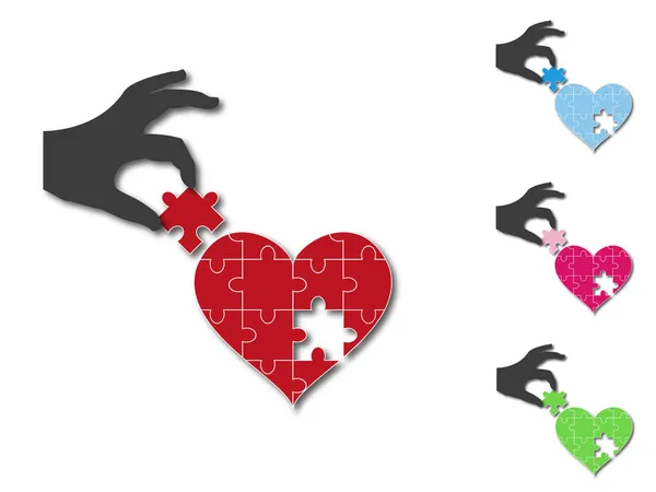Main mettant pièce de puzzle manquante dans le coeur — Image vectorielle