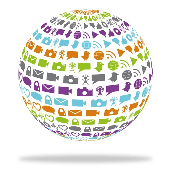 Social technology globe filled with media icons — Stock Vector