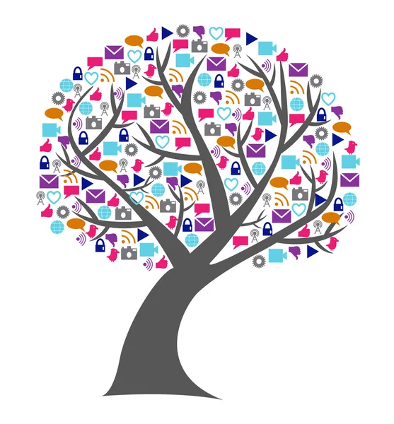 Árbol de tecnología social y medios de comunicación lleno de iconos de redes — Vector de stock