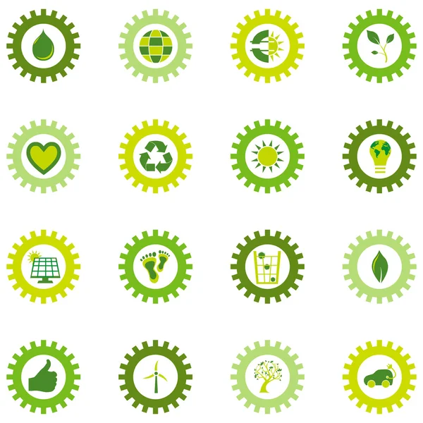 Conjunto de ícones de roda de engrenagem de bio eco e símbolos ambientais — Vetor de Stock
