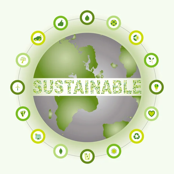 Mundo sostenible rodeado y hecho de iconos bio-ecológicos — Vector de stock