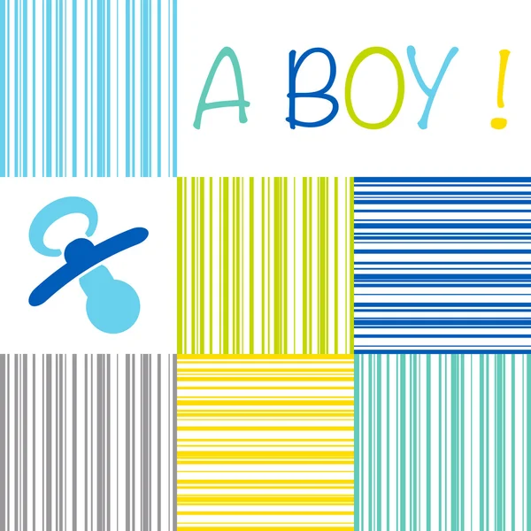 Baby neugeborener Geburtsanzeige Junge mit einer Attrappe auf einem Streifen — Stockvektor