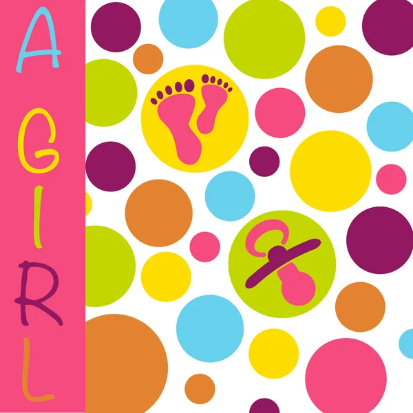 Baby newborn birth announcement card girl with baby feet, dummy — Stock Vector
