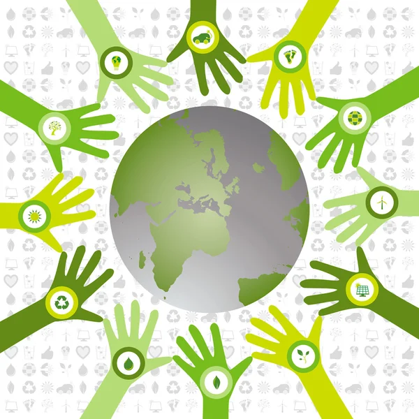Set di mani con icone bio rinuncia al mondo verde ambientale — Vettoriale Stock