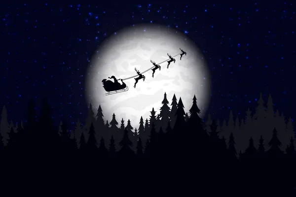 Santa is flying through the night sky under the Christmas forest. Santa sleigh driving over line drawing woods near the big moon in the night. Eps 10. — Stock Vector