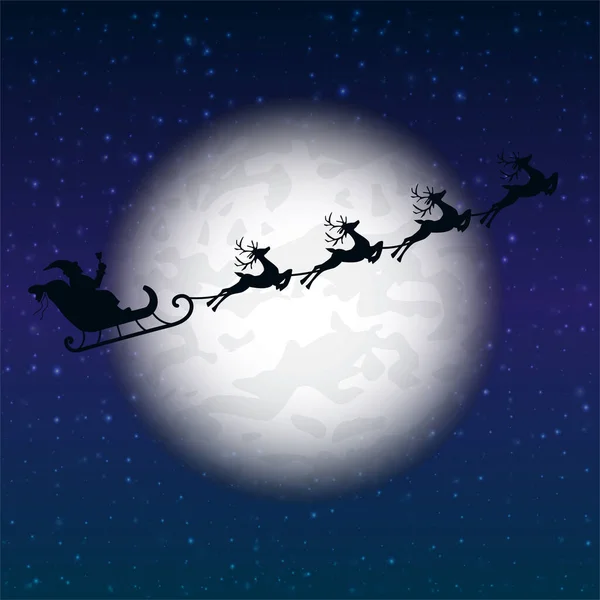 サンタはクリスマスの森の下で夜空を飛んでいます。サンタは夜に大きな月の近くの線画の森の上を運転そり。Eps 10. — ストックベクタ