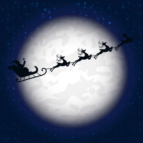 Ο Άγιος Βασίλης πετάει στον νυχτερινό ουρανό κάτω από το Χριστουγεννιάτικο δάσος. Σάντα έλκηθρο οδήγηση πάνω από τη γραμμή αντλώντας ξύλα κοντά στο μεγάλο φεγγάρι μέσα στη νύχτα. Eps 10. — Διανυσματικό Αρχείο