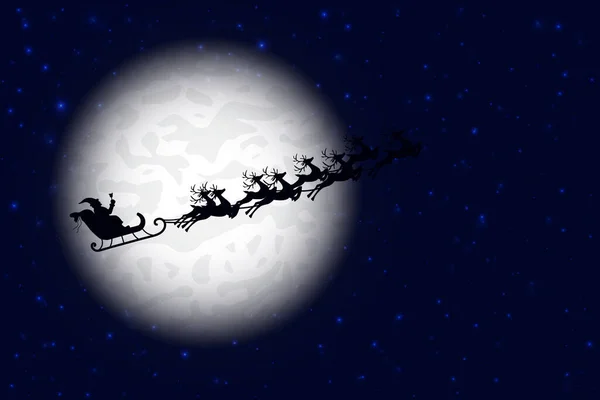 Santa está volando a través del cielo nocturno bajo el bosque de Navidad. Santa trineo de conducción sobre la línea de dibujar bosques cerca de la luna grande en la noche. Eps 10. — Vector de stock