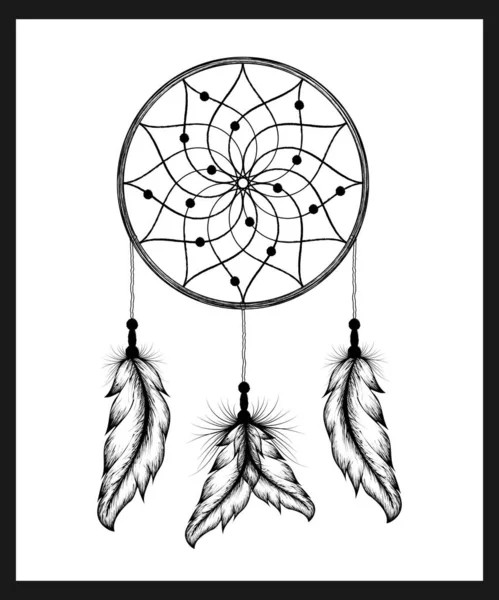 Dream catcher decorated with feathers and beads. Hand drawn vector illustration. Black and white lovely. — Stock Vector