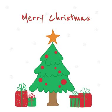 Hediye kutuları, hediyeler ve beyaz üzerine izole edilmiş Noel ağacı yığını. Renkli paketlenmiş. Satış, alışveriş konsepti. Vektör Çizgi Film Çizimi. Beyaz arkaplanda izole edilmiş Noel arkaplanı.