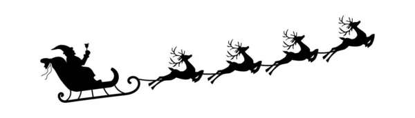 Ο Άγιος Βασίλης πετάει με έλκηθρο με τάρανδο. Εικονογράφηση διανύσματος. Απομονωμένο αντικείμενο. Μαύρη σιλουέτα. Χριστούγεννα. Νέο έτος. — Διανυσματικό Αρχείο