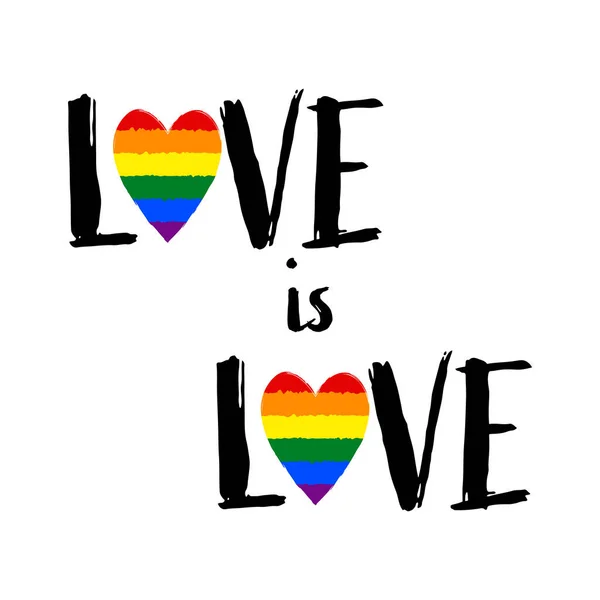 Imprimir el amor es letras de amor con corazones de arco iris. Lema del desfile gay. Símbolo de derechos LGBT. Caligrafía dibujada a mano. Corazón de letras y arco iris para póster, pancarta, camisetas, diseño de tarjetas — Archivo Imágenes Vectoriales