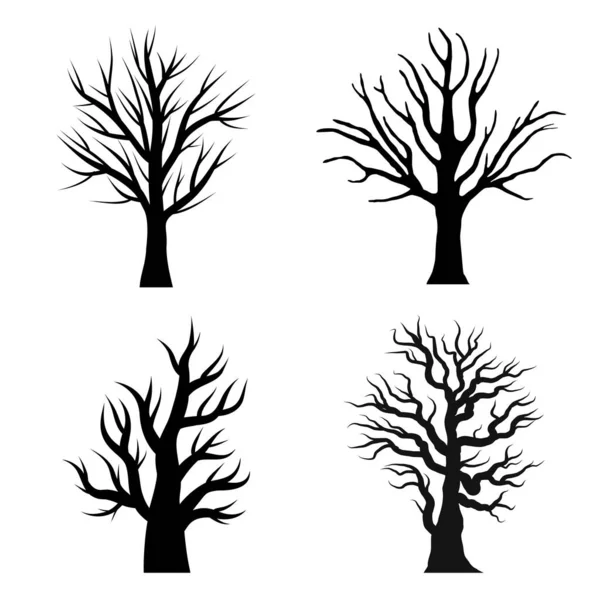 Zwarte Tak Boom of Naakte bomen silhouetten set. Handgetekende geïsoleerde illustraties. — Stockvector
