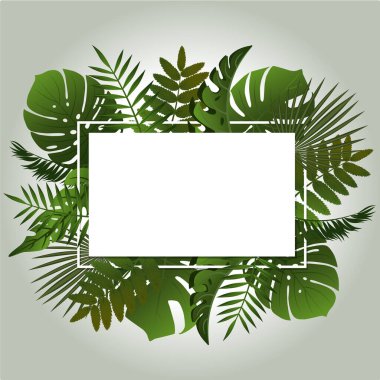 Orman bitkileriyle dolu parlak tropikal orman yeşili arka plan. Palmiye yapraklı egzotik şekil