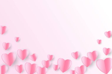 Paper elements in the shape of hearts flying on pink background. Vector symbols of love for Happy Womens, Mothers, Valentines Day, birthday greeting card design.