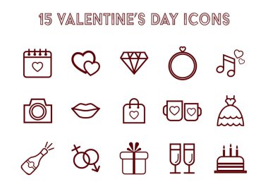 Love outline vector icons set. Valentines Day and broken heart, ring, heart, concept signs in the thin line style. Valentines day 15 icon set vector illustration