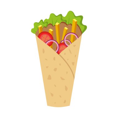 Kebap Banner, Pita ekmeğinde yuvarlanan et ve tipografi beyaz arka planda izole edildi. Pita 'da sebzeli kreatif rozet. Fastfood Cafe, Doner Kebap Restoran ikonu, Rozet. Vektör İllüstrasyonu.