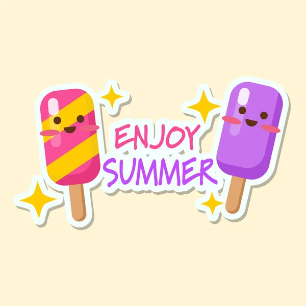 Vector summer cards with fruits and phrases. Beautiful posters, stickers for kids t-shirts, rooms, or bedrooms. Backgrounds with summer fruits, ice cream, trees, and sun. Hand-drawn letters. — ストックベクタ