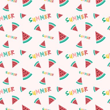 Tropikal meyveler, dondurma ve yaz ikonları Memphis tarzıyla renksiz yaz deseni. Yaz kusursuz vektör illüstrasyonu