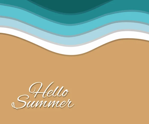 Αφηρημένη μπλε θάλασσα και παραλία καλοκαιρινό φόντο με χάρτινα κύματα και seacoast για banner, πρόσκληση, αφίσα ή σχεδιασμό ιστοσελίδας. Κομμένο χαρτί στυλ, 3d απομίμηση εφέ, χώρος για κείμενο, διανυσματική απεικόνιση — Διανυσματικό Αρχείο