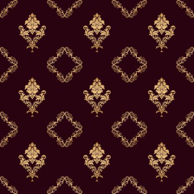 Vektör altın damasyon desen elementi. Klasik lüks, eski moda İspanyol süsü, duvar kağıtları, tekstil ve ambalaj için kraliyet Victoria dönemi dikişsiz dokusu. Zarif çiçekli barok şablonu