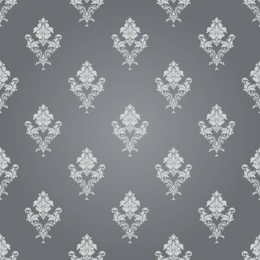 Vektör gümüş damaske desen elementi. Klasik lüks, eski moda İspanyol süsü, duvar kağıtları, tekstil ve ambalaj için kraliyet Victoria dönemi dikişsiz dokusu. Zarif çiçekli barok şablonu