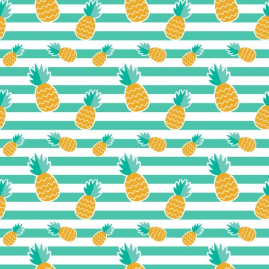 Tropikal meyveler, dondurmalar, yapraklar, Tukan, Flamingo, çiçekler ve yaz ikonları Memphis tarzıyla renksiz yaz deseni. Yaz kusursuz vektör illüstrasyonu