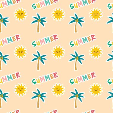 Tropikal meyveler, dondurmalar, yapraklar, Tukan, Flamingo, çiçekler ve yaz ikonları Memphis tarzıyla renksiz yaz deseni. Yaz kusursuz vektör illüstrasyonu